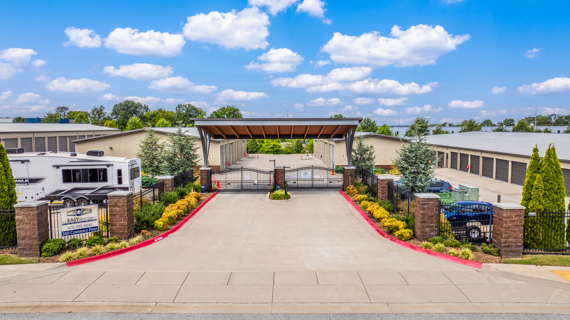 Modern Storage® Lowell – Secure Gated Entrance in NWA Front entrance of Modern Storage® Lowell self storage facility with secure gated access in Northwest Arkansas